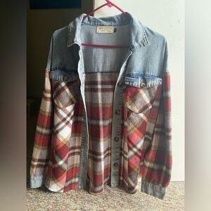Denim and Red Brown White Plaid button up Flannel